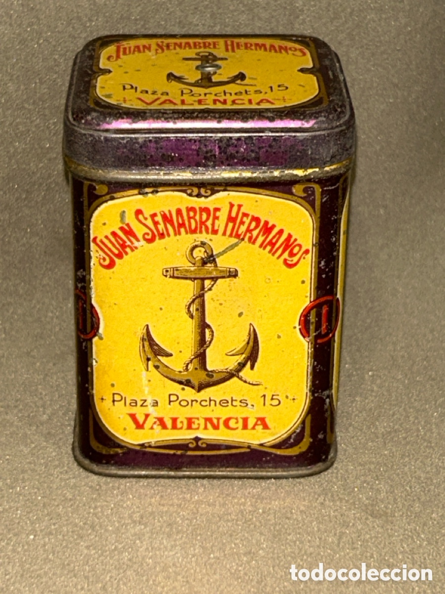 Cajas y cajitas met&aacute;licas: BOTE CAJA METALICA PUBLICIDAD ALMACENES VALENCIA JUAN SENABRE HERMANOS EL ANCORA
