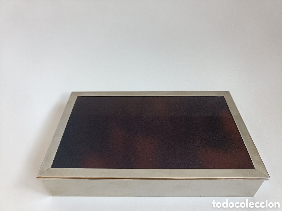 Cajas y cajitas met&aacute;licas: Caja rectangular de metal plateado y carey sint&eacute;tico (25,5x15,5x4,5 cm)