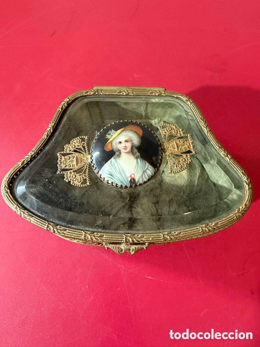 Cajas y cajitas met&aacute;licas: Joyero antiguo de cristal biselado y lat&oacute;n con min