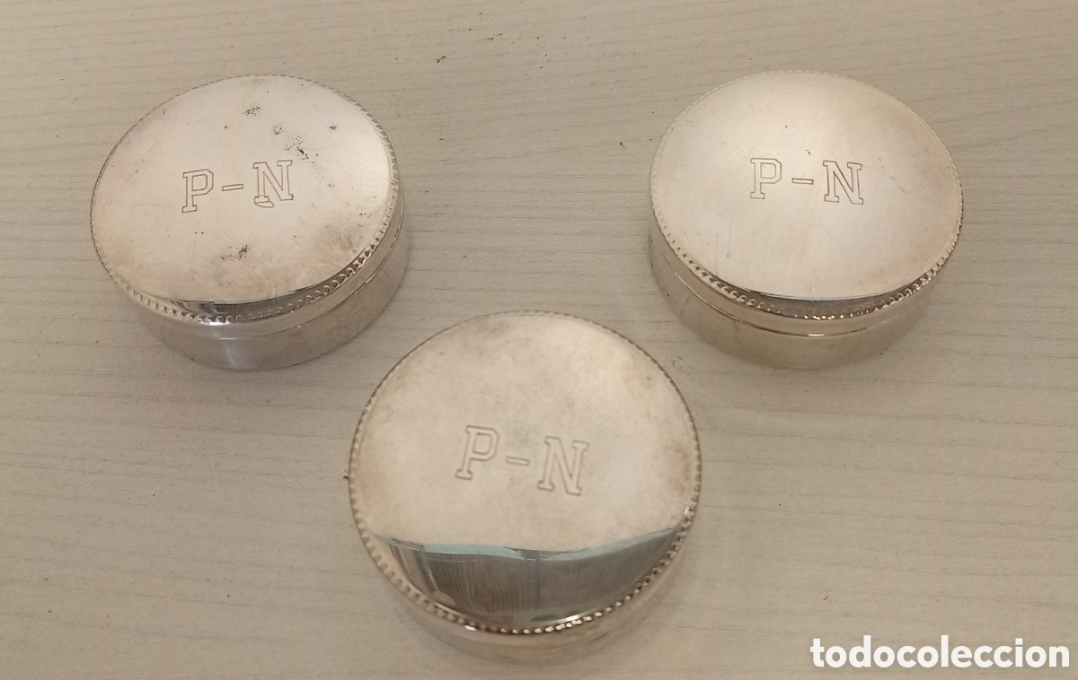 Cajas y cajitas met&aacute;licas: SET 3 PASTILLEROS VINTAJES EN METAL PLATIADO