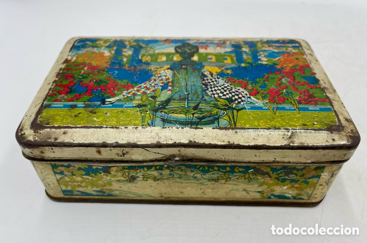 Cajas y cajitas met&aacute;licas: Antigua caja met&aacute;lica hojalata ilustraci&oacute;n modernista Arlequines.