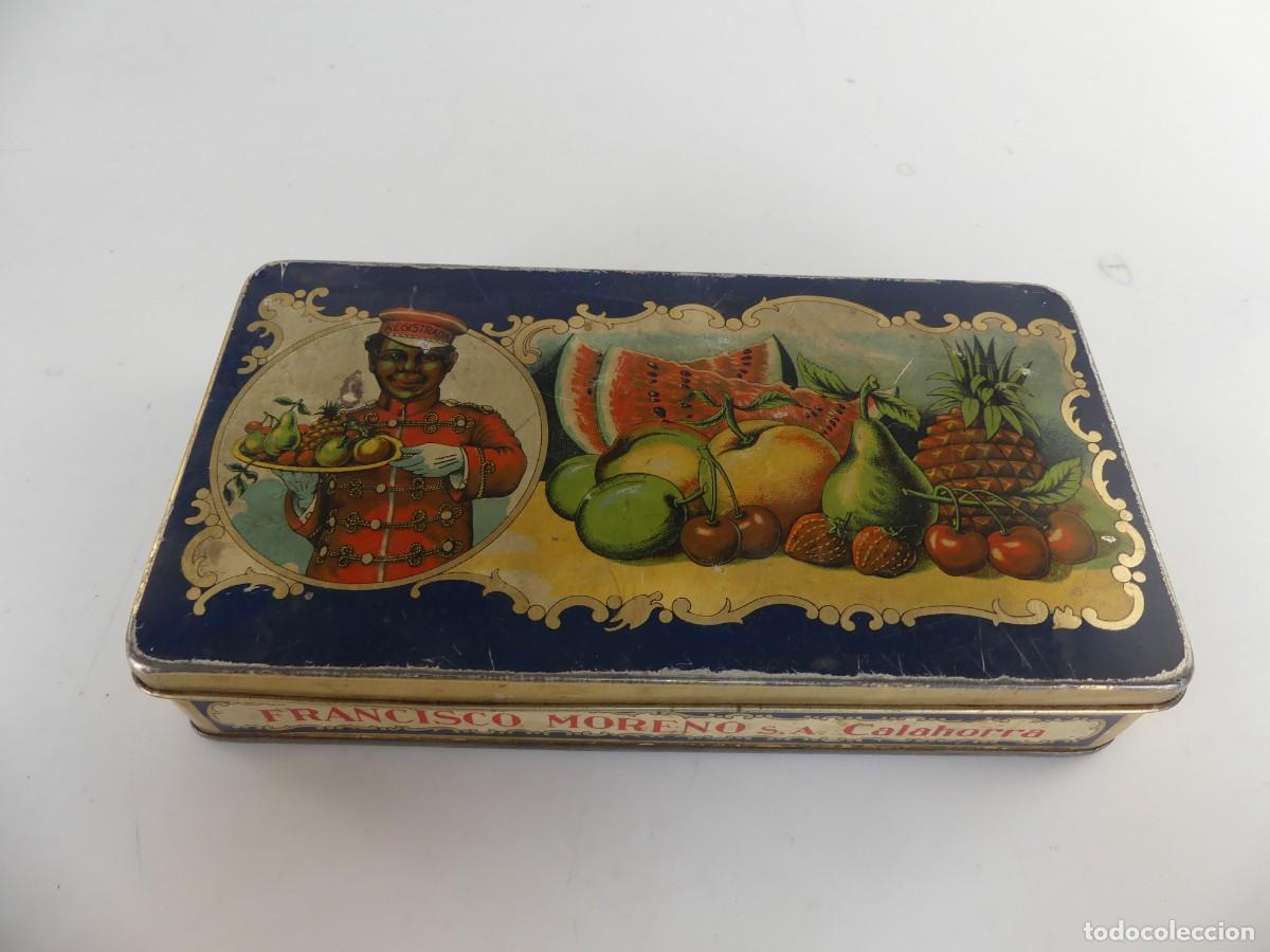 Bo&icirc;tes et petites bo&icirc;tes m&eacute;talliques: ANTIGUA CAJA DE HOJALATA FRUTAS CRISTALIZADAS FRANCISCO MORENO CALAHORRA - OBJETO DE COLECCI&Oacute;N