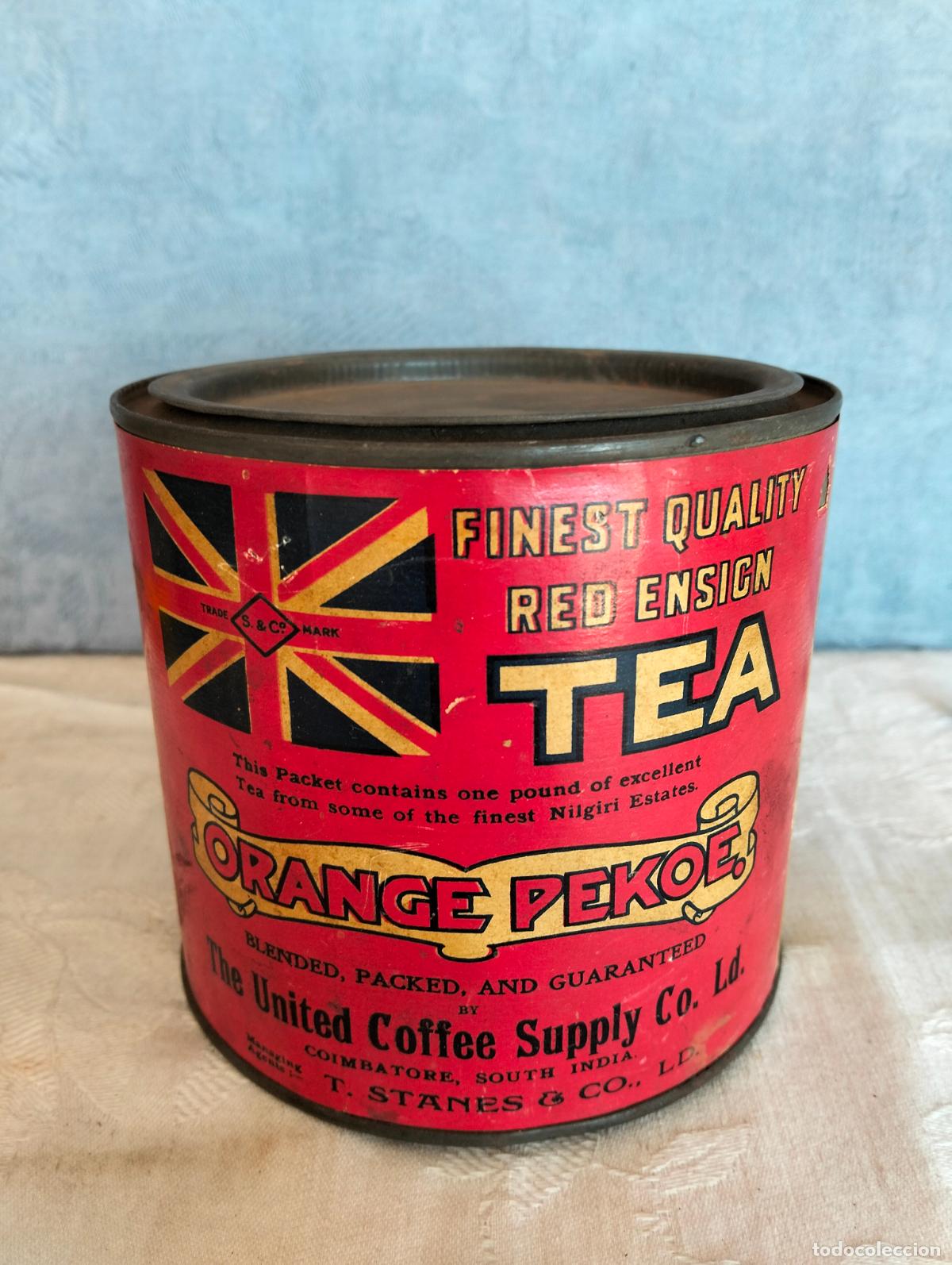 Bo&icirc;tes et petites bo&icirc;tes m&eacute;talliques: Bote tarro lata metal finest quality red ensign tea roja orange pekoe antigua united coffee supply