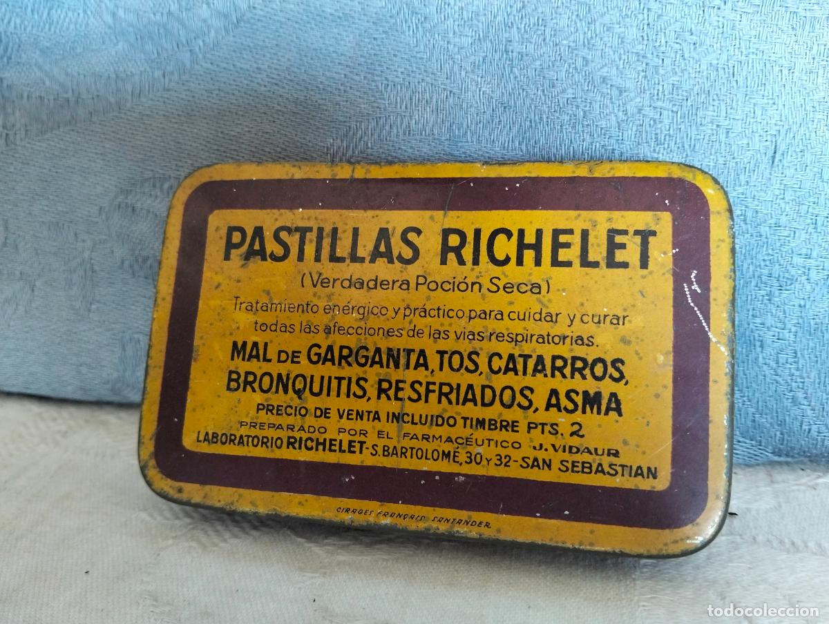 Casse e cassette metalliche: Caja de metal lata cajita antigua pastillas Richelet verdadera poci&oacute;n seca mal de garganta tos