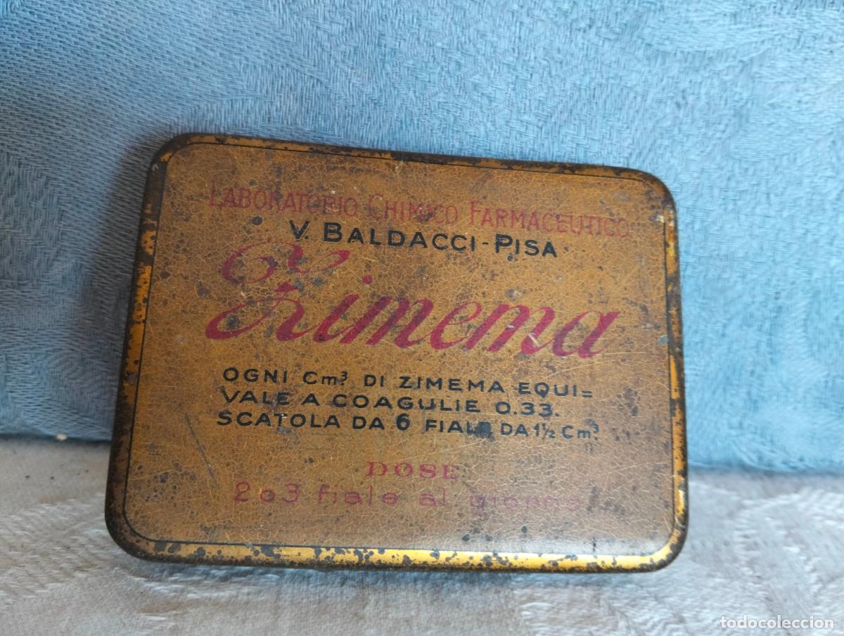Bo&icirc;tes et petites bo&icirc;tes m&eacute;talliques: Caja de metal lata cajita antigua Ximena laboratorio chimico farmaceutico Baldacci pisa medicamento