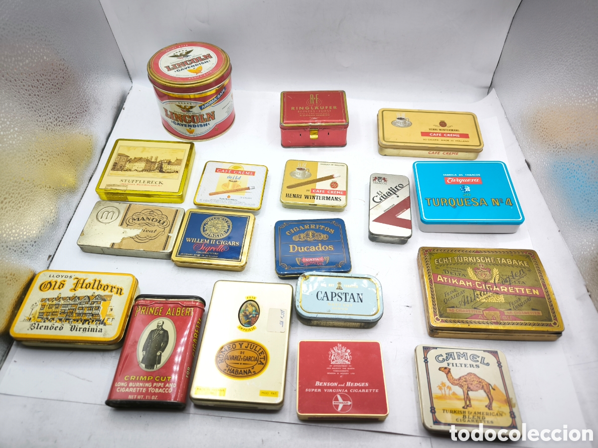Cajas y cajitas met&aacute;licas: 18 Cajas de tabaco antiguas