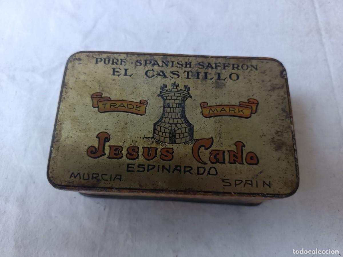 Caixas e caixinhas met&aacute;licas: Caja de lata litografiada, de azafr&aacute;n, Jes&uacute;s Cano, vac&iacute;a