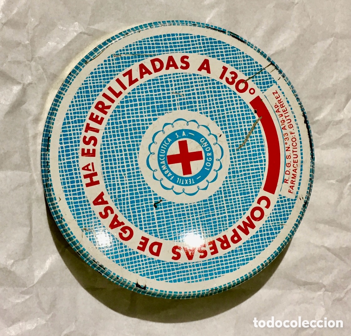 Cajas y cajitas met&aacute;licas: Caja Met&aacute;lica. Gasas Esterilizadas. Logro&ntilde;o. A&ntilde;os 70.