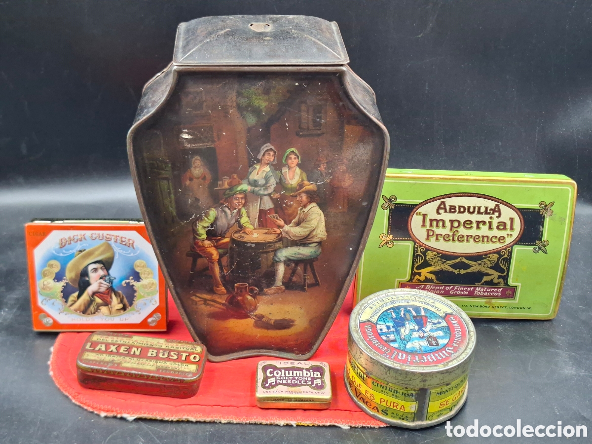 Cajas y cajitas met&aacute;licas: hojalata galletas huntley palmers, agujas columbia, mantequilla imperial, dick custer, abdulla