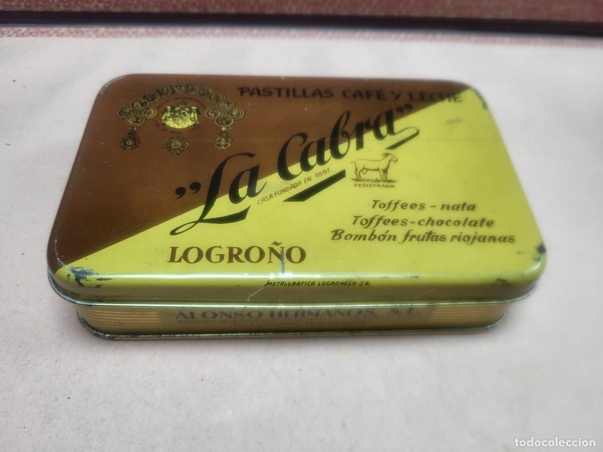 Cajas y cajitas met&aacute;licas: ANTIGUA CAJA LATA PUBLICIDAD CONFITERIA CARAMELOS BOMBONES LA CABRA LOGRO&Ntilde;O