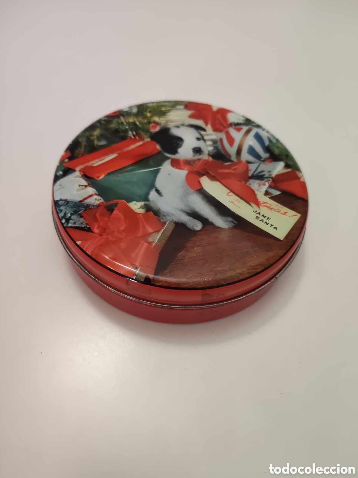 Cajas y cajitas met&aacute;licas: Caja met&aacute;lica lata antigua con perro motivos navide&ntilde;os specters made in england