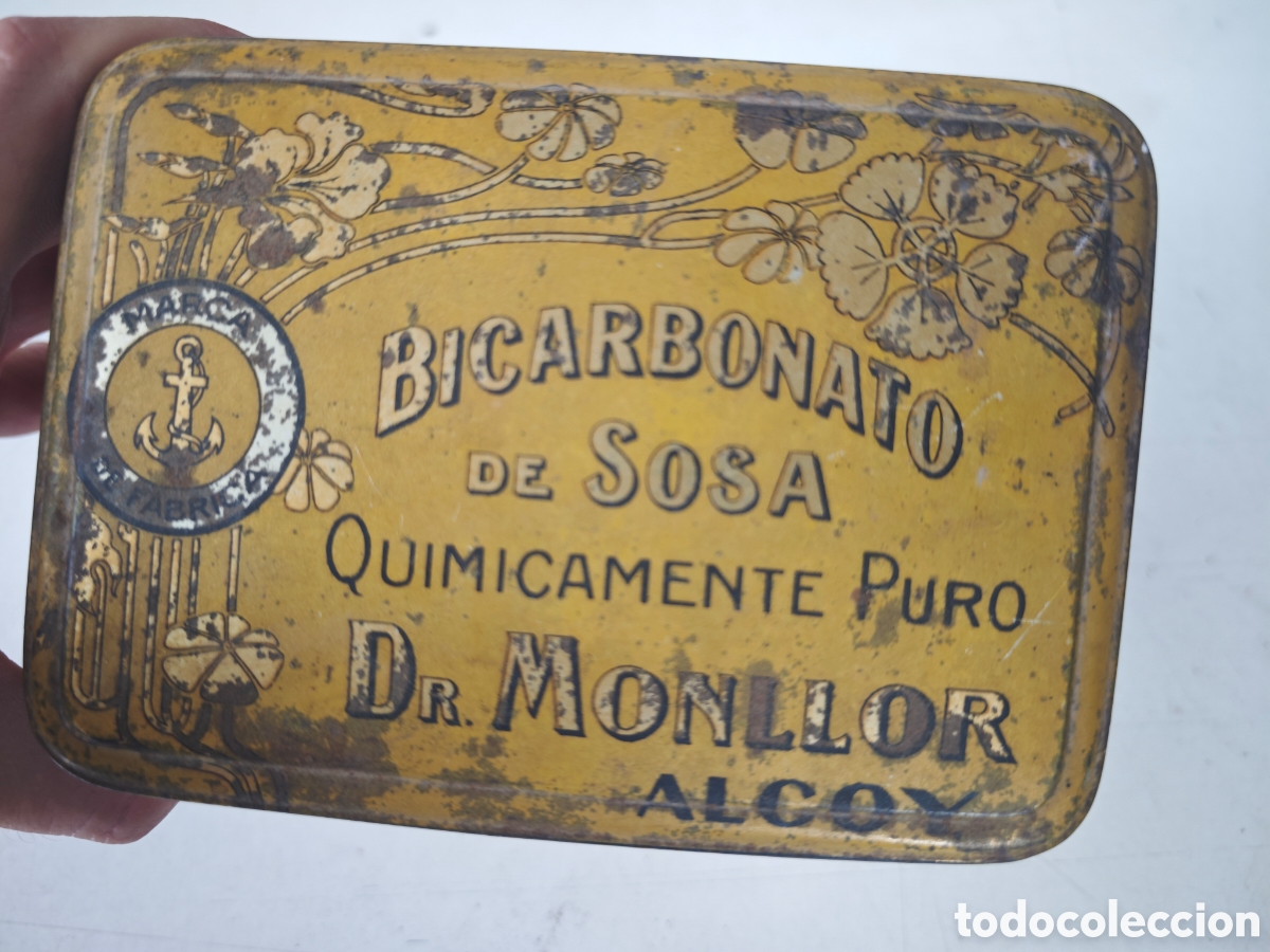 Cajas y cajitas met&aacute;licas: Antigua caja de hojalata litografiada &ldquo;Bicarbonato de Sosa Dr. Monllor&rdquo;, Alcoy - XIX-XX