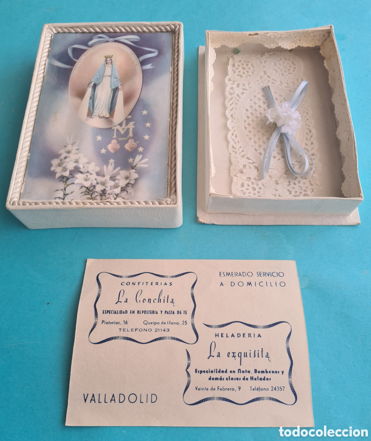 Cajas y cajitas met&aacute;licas: VALLADOLID - CAJA PUBLICIDAD CONFITERIAS LA CONCHITA Y HELADERIA LA EXQUISITA + TARJETA + PUNTILLA