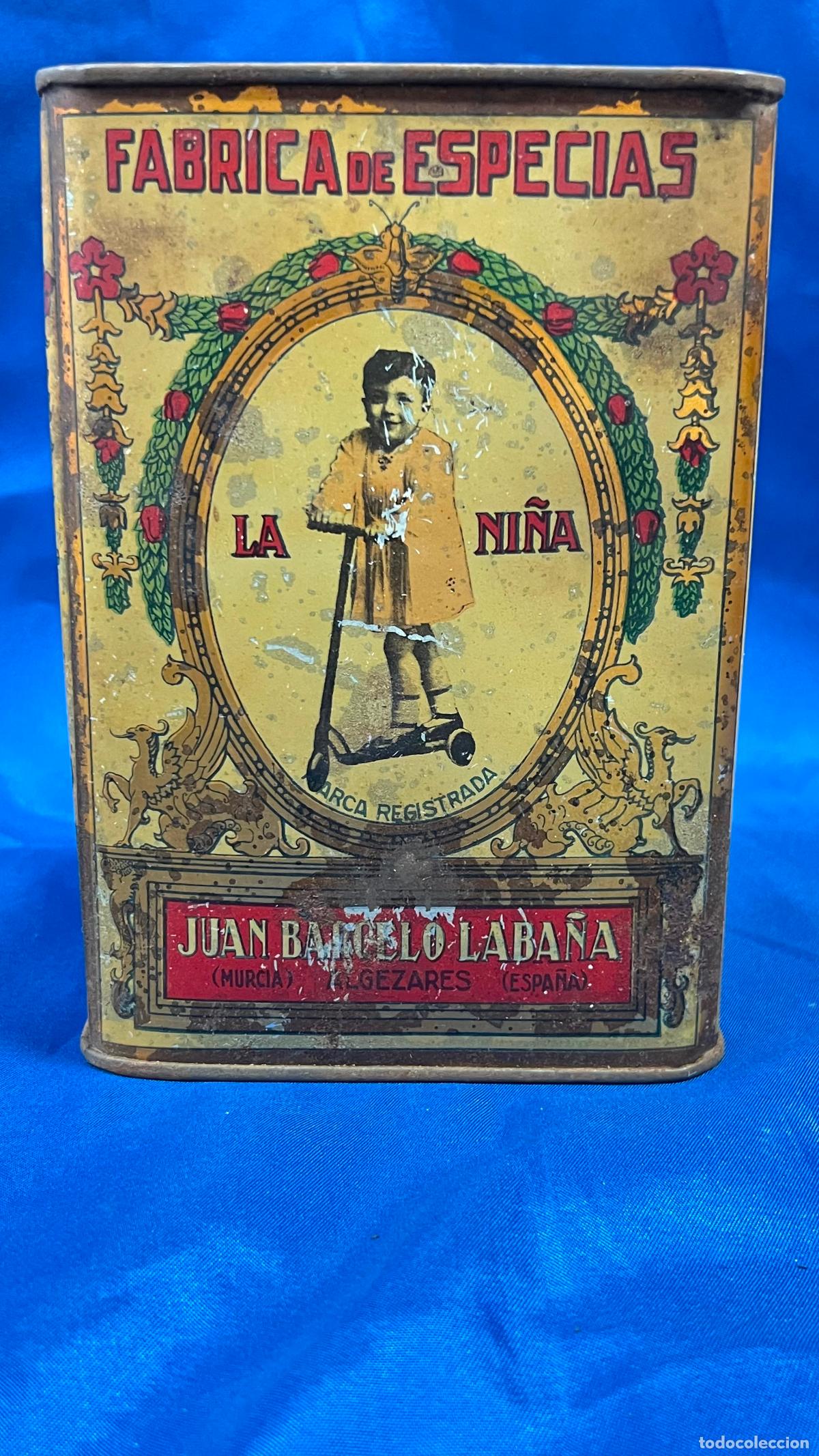 Cajas y cajitas met&aacute;licas: muy rara caja hojalata fabrica de especias la ni&ntilde;a juan barcelo laba&ntilde;a murcia algezares