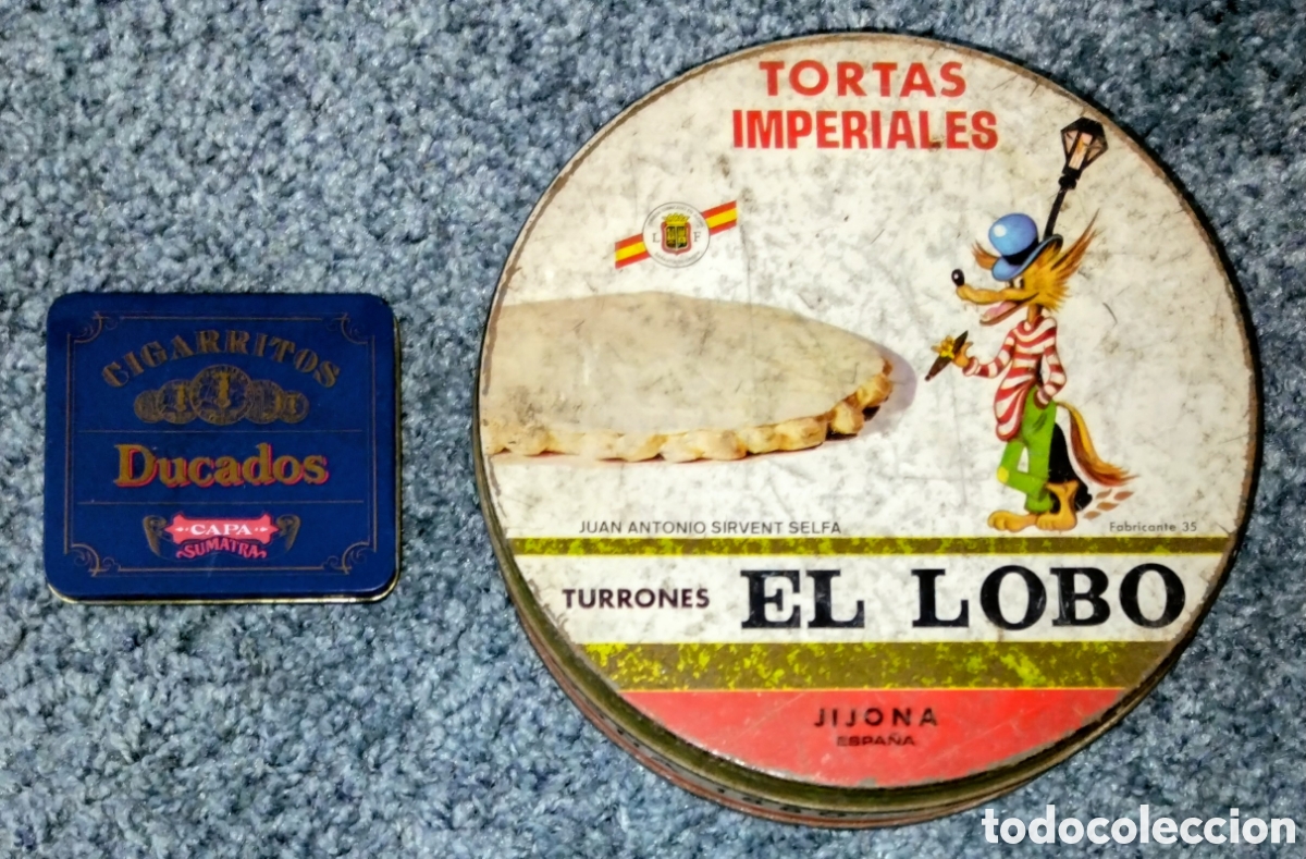 Cajas y cajitas met&aacute;licas: pack ANTIGUAS CAJAS MET&Aacute;LICAS de CIGARRITOS DUCADOS y TURRONES EL LOBO (ver estado en las fotos)