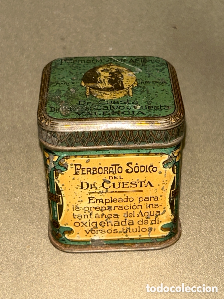 Cajas y cajitas met&aacute;licas: Antigua cajita de medicina perborato sodico farmacia San Antonio del Dr Cuesta,Valencia a&ntilde;os 20-30