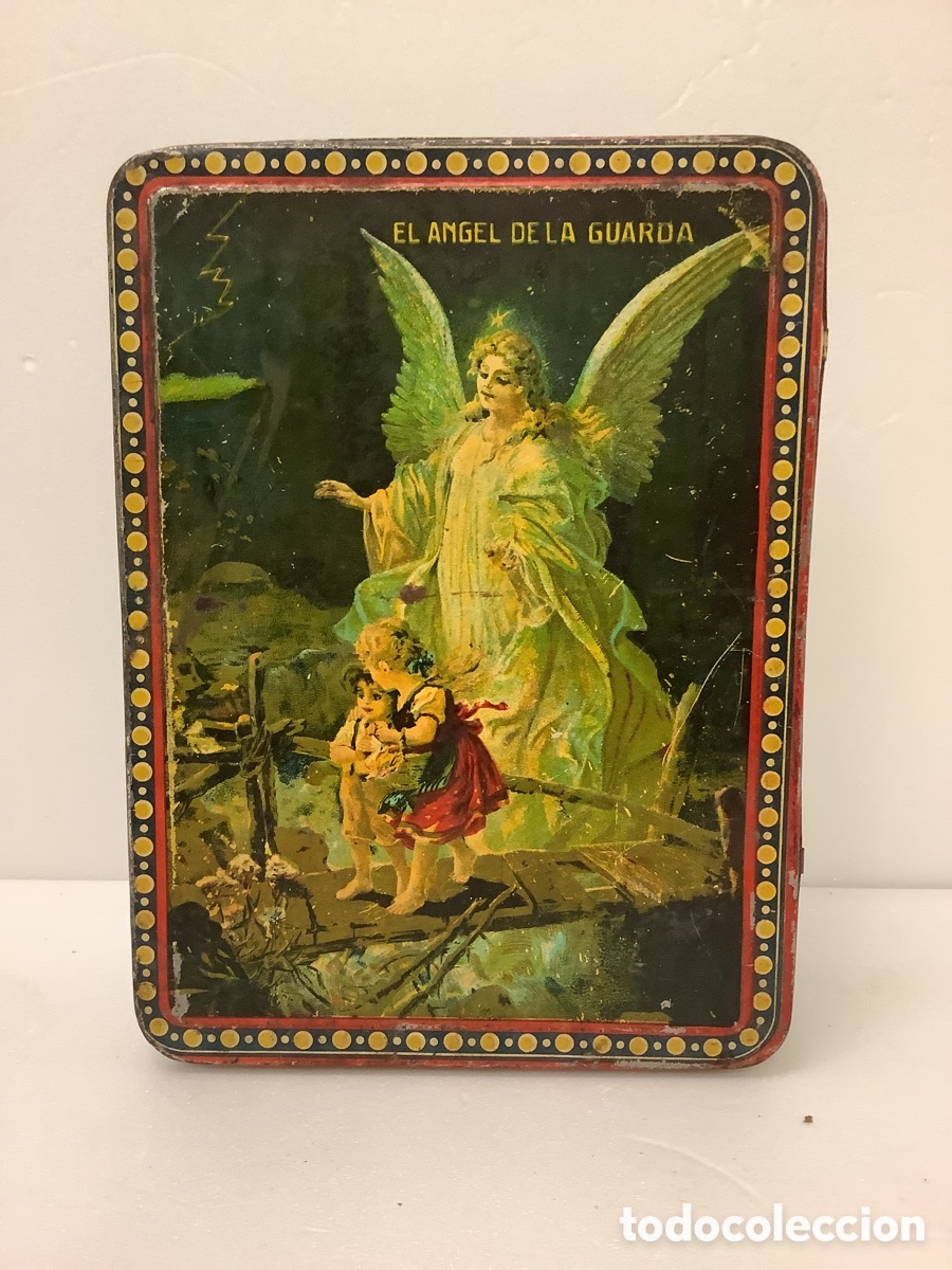 Cajas y cajitas met&aacute;licas: ANTIGUA CAJA LITOGRAFIADA EL ANGEL DE LA GUARDA