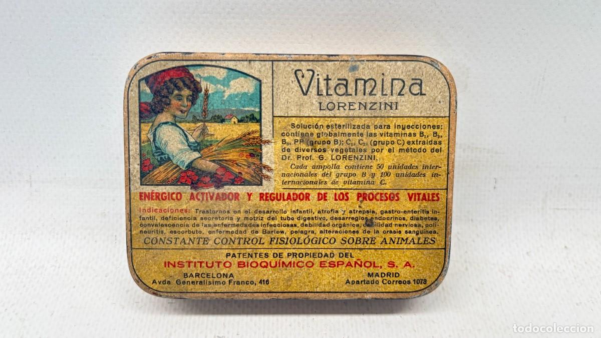 Cajas y cajitas met&aacute;licas: CAJA LATA VITAMINA LORENZINI INSTITUTO BIOQU&Iacute;MICO ESPA&Ntilde;OL PUBLICIDAD FARMACIA A&Ntilde;OS 30