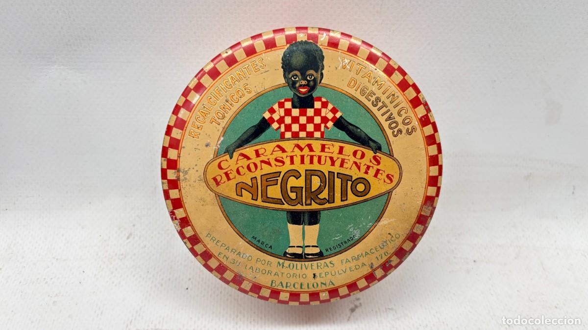 Cajas y cajitas met&aacute;licas: CAJA DE LATA CARAMELOS RECONSTITUYENTES NEGRITO M OLIVERAS FARMACEUTICO BARCELONA