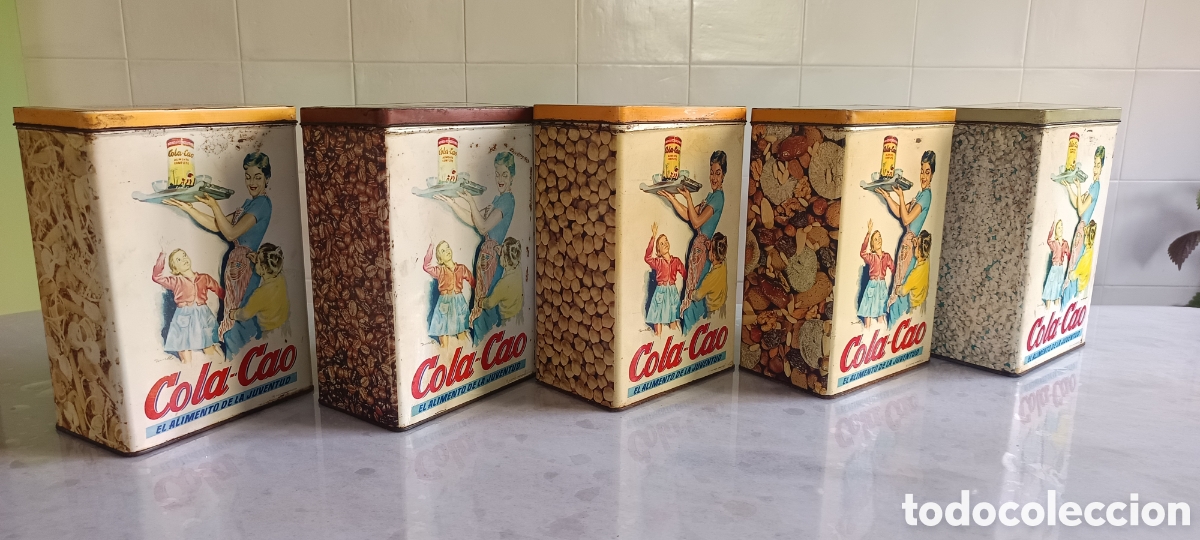 Cajas y cajitas met&aacute;licas: Lote de 5 latas antiguas Cola Cao 1.500 g &ndash; Nutrexpa &ndash; Botes met&aacute;licos vintage originales
