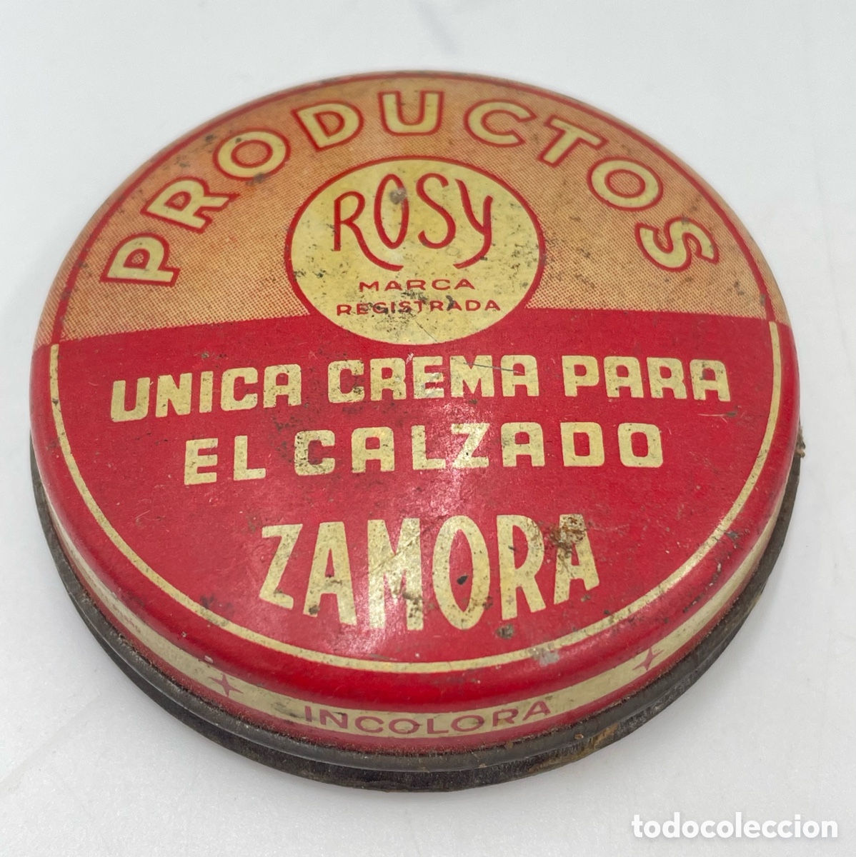 Cajas y cajitas met&aacute;licas: Caja met&aacute;lica antigua Productos Rosy Zamora Crema calzado. Vizca&iacute;nas S. L. Bilbao.