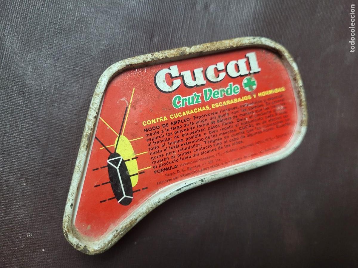 Cajas y cajitas met&aacute;licas: ANTIGUA CAJA ENVASE PUBLICIDAD INSECTICIDA CUCAL CRUZ VERDE BARCELONA