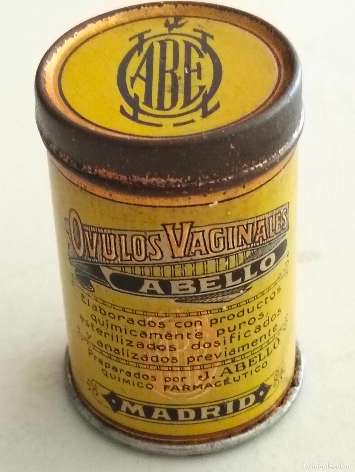 Cajas y cajitas met&aacute;licas: CAJA METALICA LITOGRAFIADA, OVULOS VAGINALES, LABORATORIO ABELLO, MEDIDAS 3 X 4,5 CM