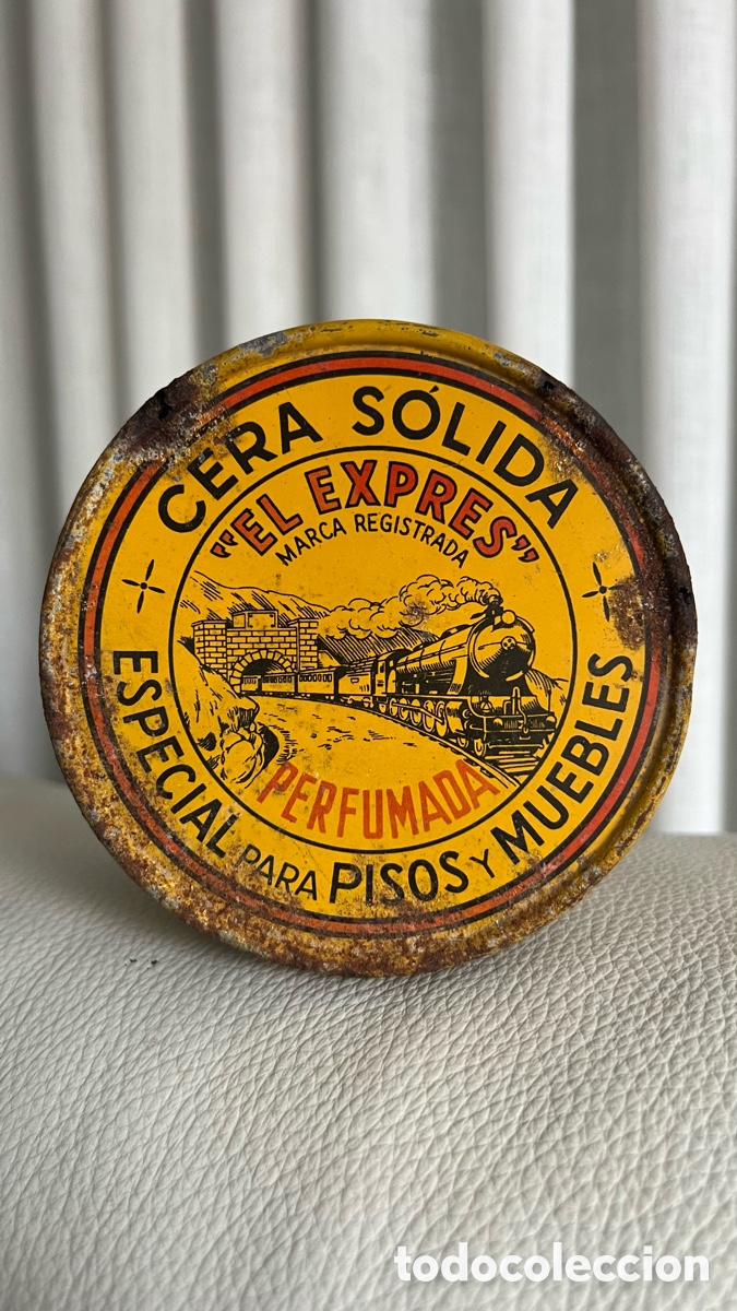 Cajas y cajitas met&aacute;licas: ANTIGUA CAJA DE HOJALATA LITOGRAFIADA CON PUBLICIDAD DE CERA SOLIDA EL EXPRES, FERROCARRIL
