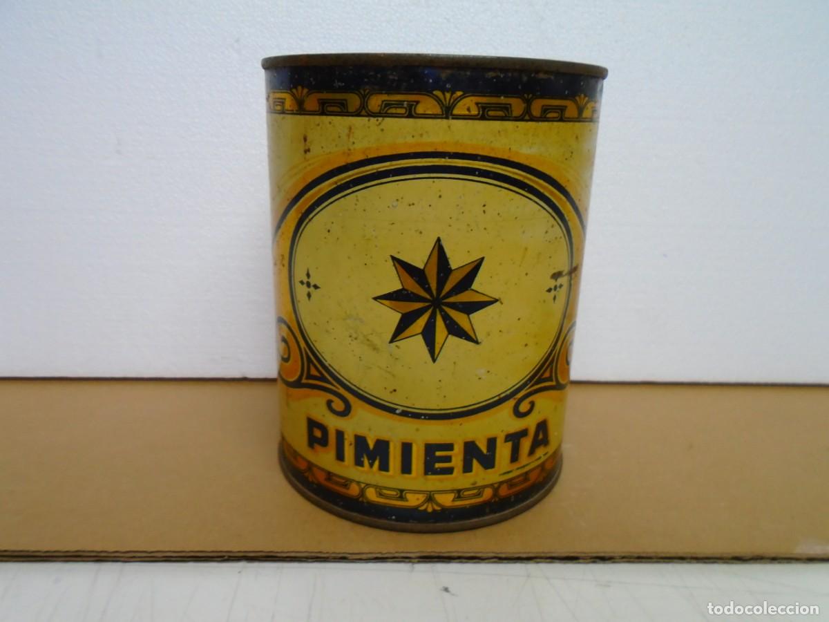 Cajas y cajitas met&aacute;licas: ANTIGUO BOTE DE HOJALATA LITOGRAFIADA DE &rdquo;PIMIENTA&rdquo;16 CM ALTO Y 13 CM DIAMETRO.