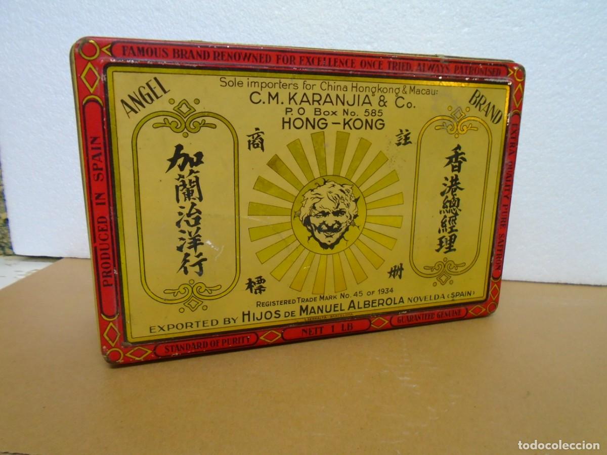 Cajas y cajitas met&aacute;licas: ANTIGUA CAJA HOJALATA LITOGRAFIADA DE AZAFRANES HIJOS DE M.ALBEROLA,NOVELDA(ALICANTE)RARA.