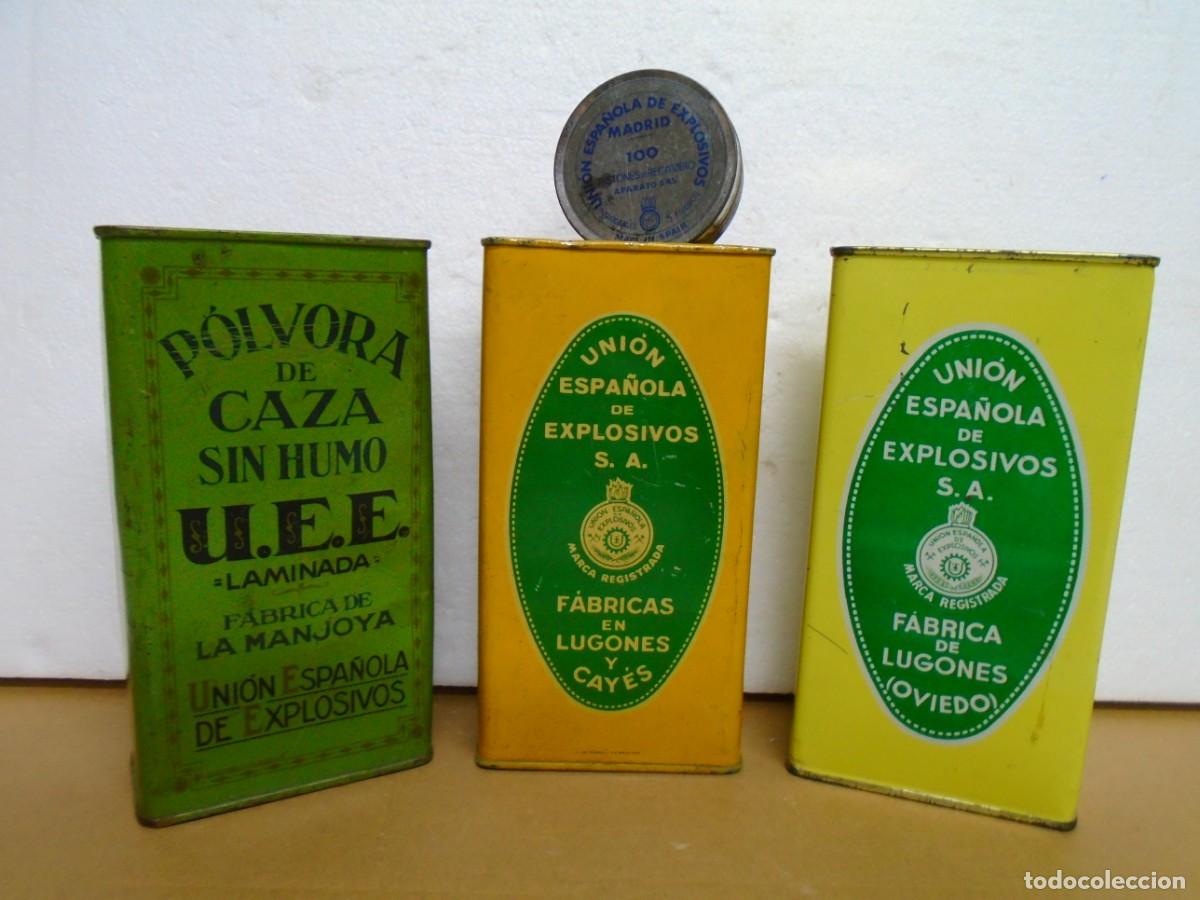 Cajas y cajitas met&aacute;licas: UNION ESPA&Ntilde;OLA DE EXPLOSIVOS.3 LATAS ANTIGUAS POLVORA Y UNA DE PISTONES,VER FOTOS.