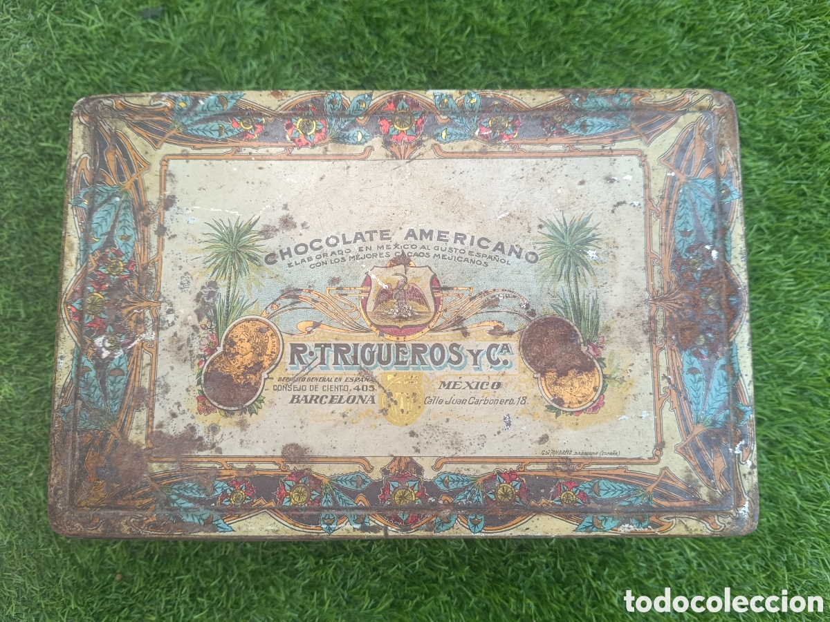 Cajas y cajitas met&aacute;licas: ANTIGUA CAJA DE CHAPA LATA CHOCOLATE AMERICANO M. R. TRIGUEROS BARCELONA. LITOGRAFIADA. LATA.