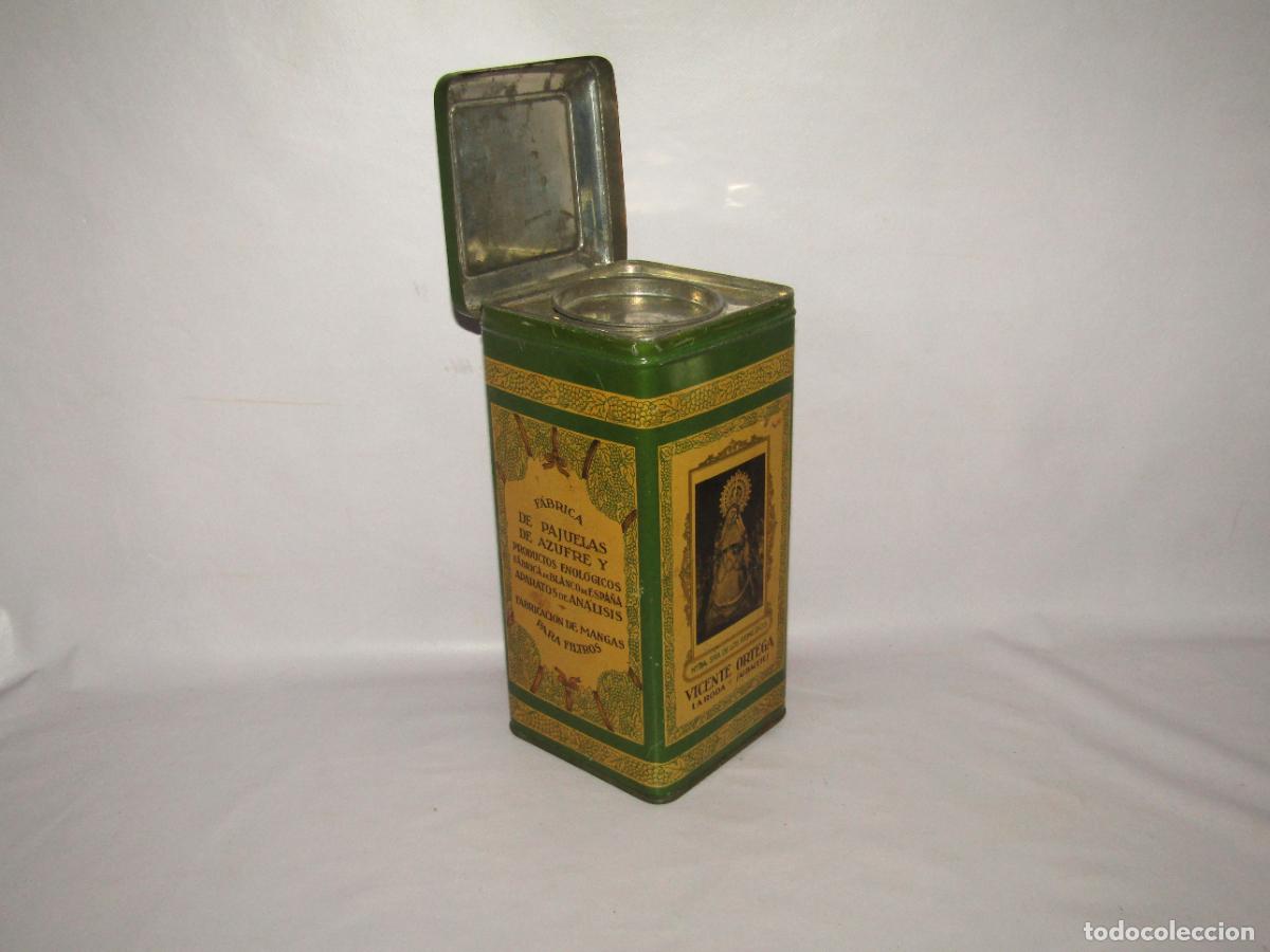 Cajas y cajitas met&aacute;licas: Antigua Lata Hojalata Litografiada Pajuelas Azufre Ntra Sra de los Remedios VICENTE ORTEGA La Roda