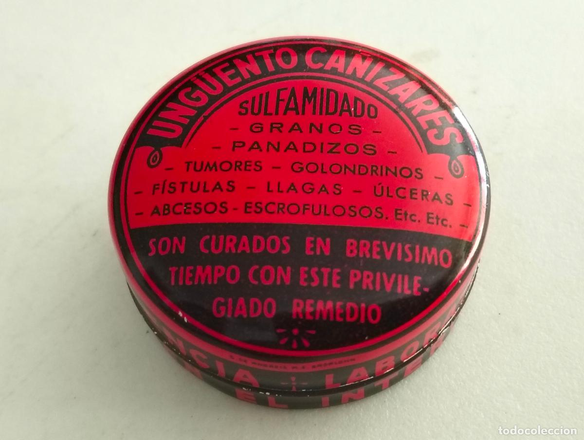 Cajas y cajitas met&aacute;licas: ANTIGUA CAJA DE CHAPA UNGUENTO CA&Ntilde;IZARES SULFAMIDADO, MEDIDAS 43 X18 MM