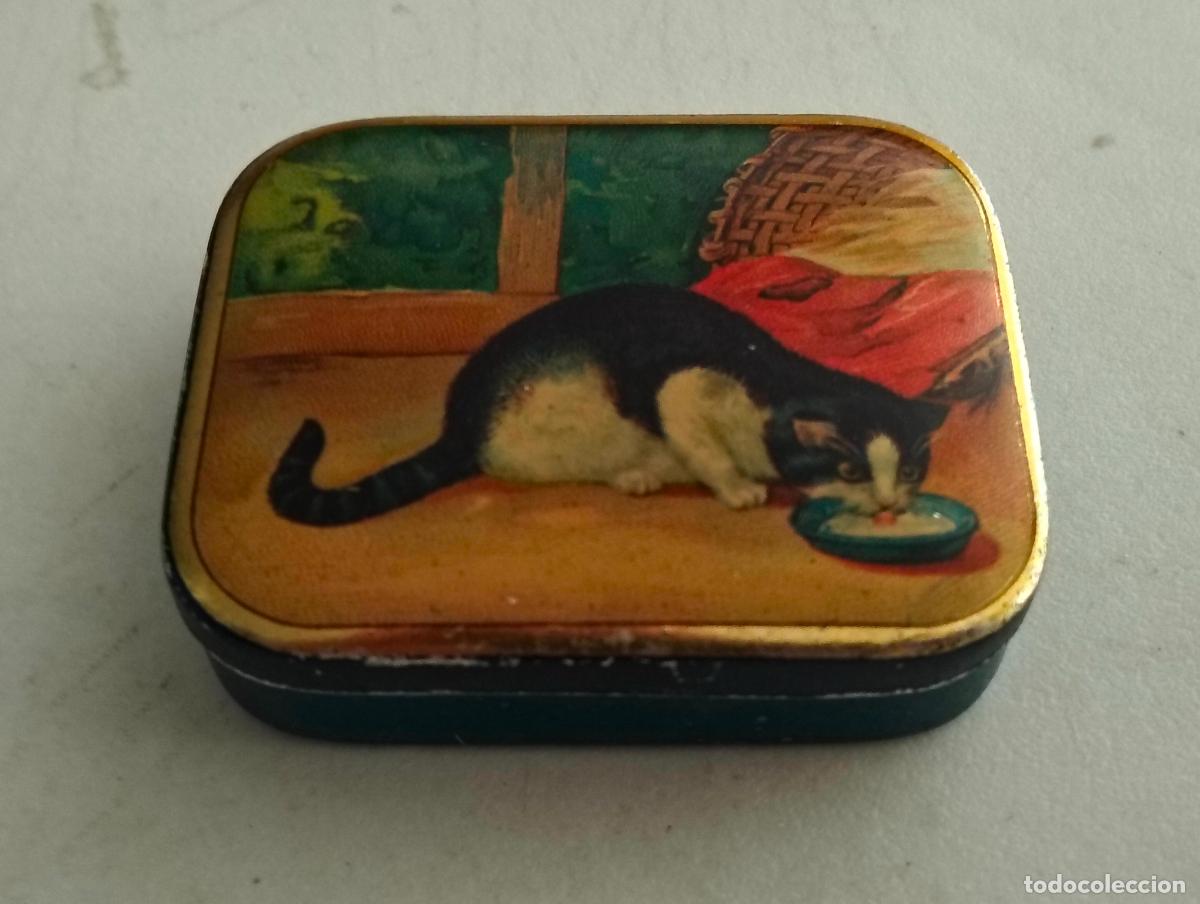Cajas y cajitas met&aacute;licas: ANTIGUA CAJA LITOGRAFIADA, GATO TOMANDO LECHE, MEDIDAS 60 X 50 X 15 MM