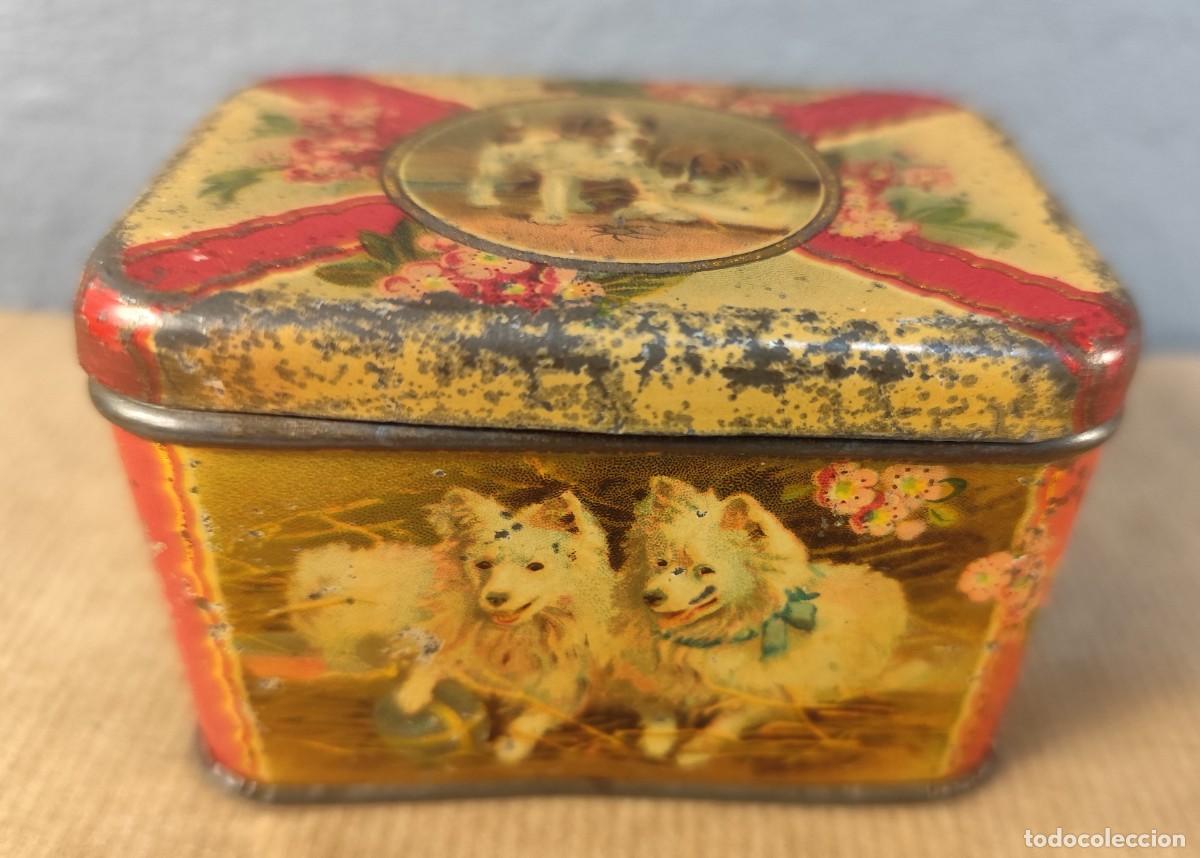 Cajas y cajitas met&aacute;licas: Caja met&aacute;lica litografiada con perros principios del siglo XX