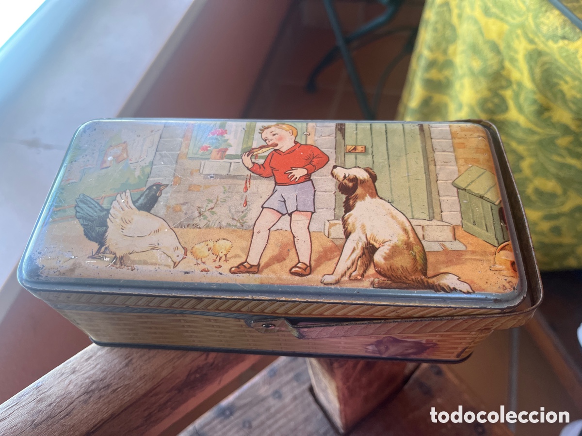 Cajas y cajitas met&aacute;licas: Fiambrera met&aacute;lica infantil vintage a&ntilde;os 50-60 con ilustraciones de granja.
