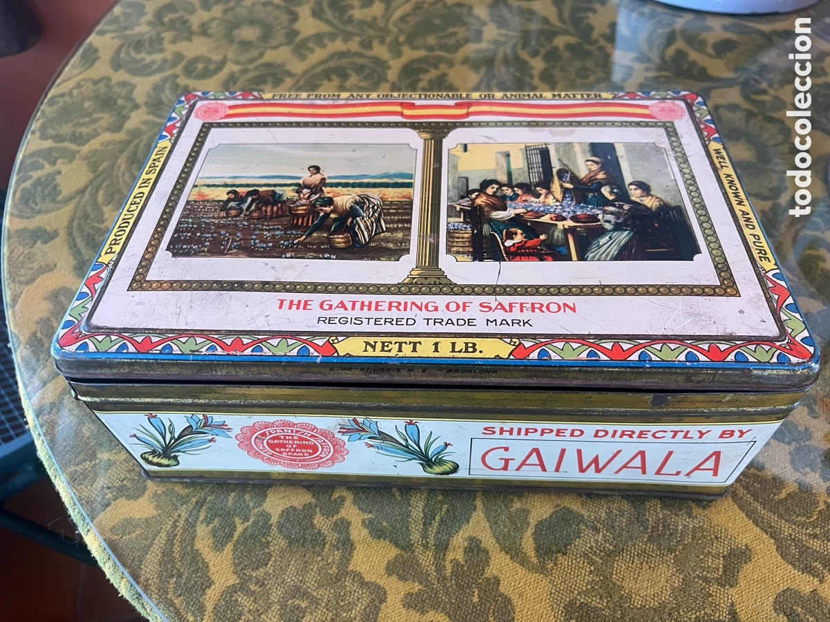 Cajas y cajitas met&aacute;licas: Caja antigua de lata litografiada para azafr&aacute;n &ldquo;The Gathering of Saffron&rdquo;