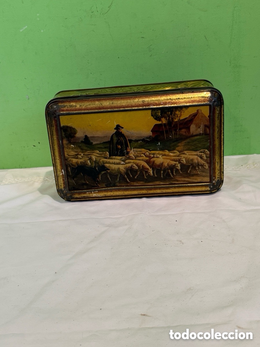 Cajas y cajitas met&aacute;licas: Antigua caja de hojalata litografiada escena pastoril a&ntilde;os 20