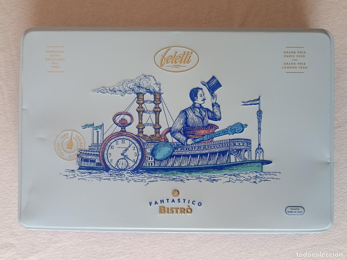 Cajas y cajitas met&aacute;licas: Caja de lata Bombones FELETTI -Edici&oacute;n vintage, motivo en relieve 'Barco de vapor fluvial'. VAC&Iacute;A.
