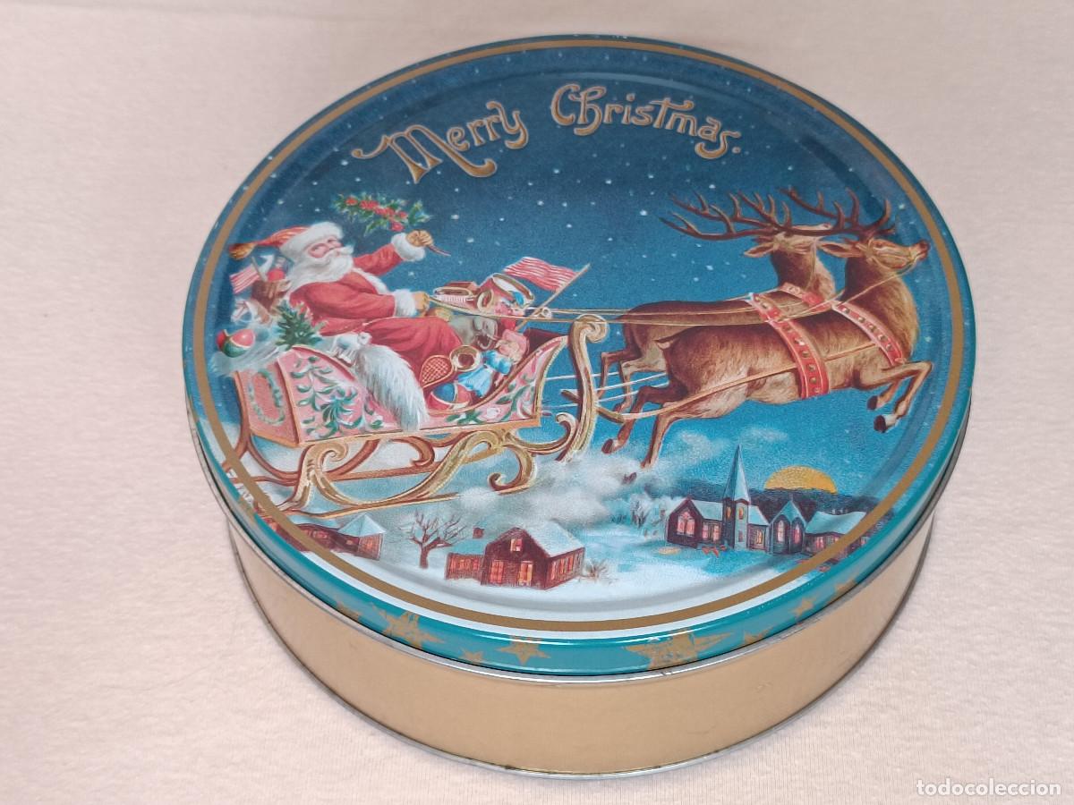Cajas y cajitas met&aacute;licas: Caja de lata Galletas de mantequilla 'Merry Christmas' Pap&aacute; Noel en trineo. VAC&Iacute;A. Excelente estado.