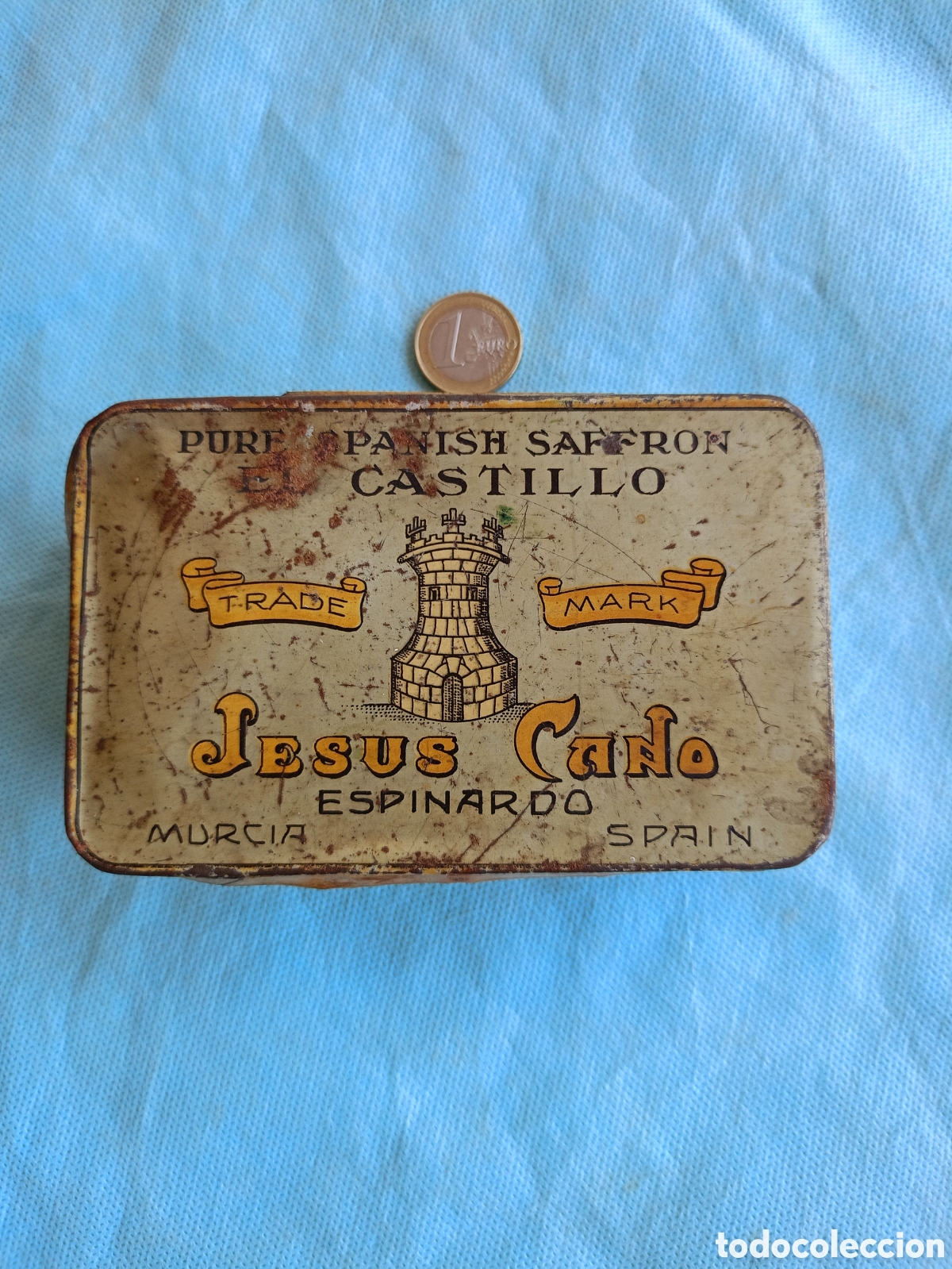 Cajas y cajitas met&aacute;licas: ANTIGUA LATA DE AZAFR&Aacute;N EL CASTILLO, JES&Uacute;S CANO. ESPINARDO MURCIA
