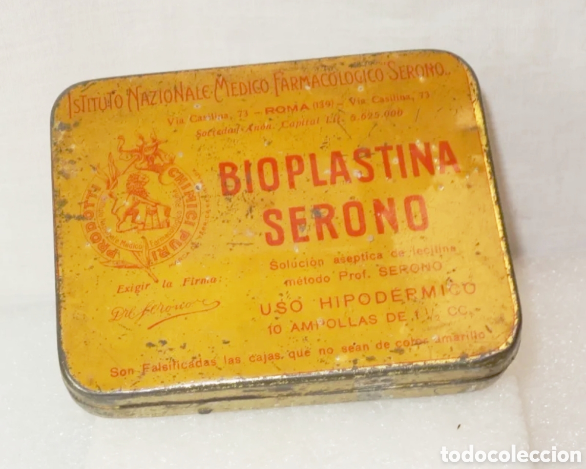 Cajas y cajitas met&aacute;licas: ANTIGUA CAJA MET&Aacute;LICA DE FARMACIA - BIOPLASTINA SERONO - REINO DE ITALIA (CIRCA 1920-1930)