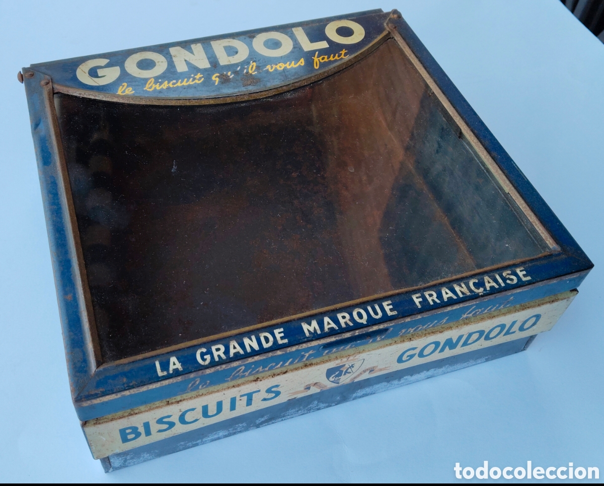 Cajas y cajitas met&aacute;licas: MUY ANTIGUA Y PRECIOSA CAJA DE PUBLICIDAD EN HOJALATA Y CRISTAL DE LA MARCA GONDOLO BISCUITS LA GRAN