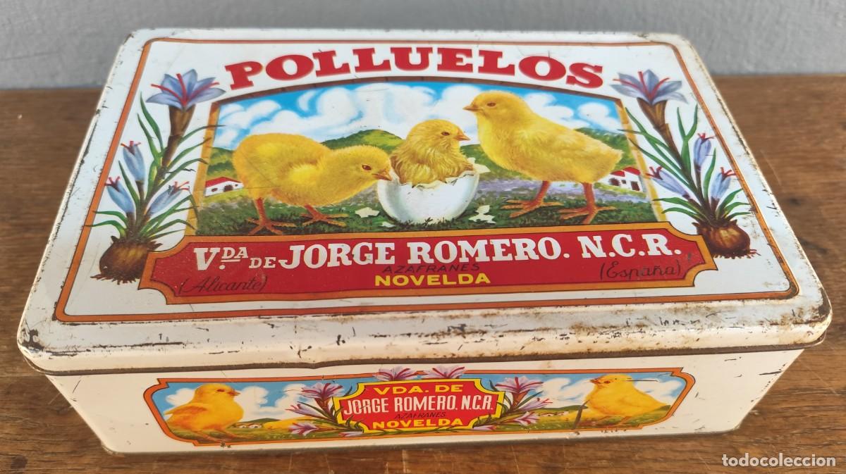 Cajas y cajitas met&aacute;licas: Caja met&aacute;lica antigua de azafranes &ldquo;Polluelos&rdquo;, Novelda (Alicante)