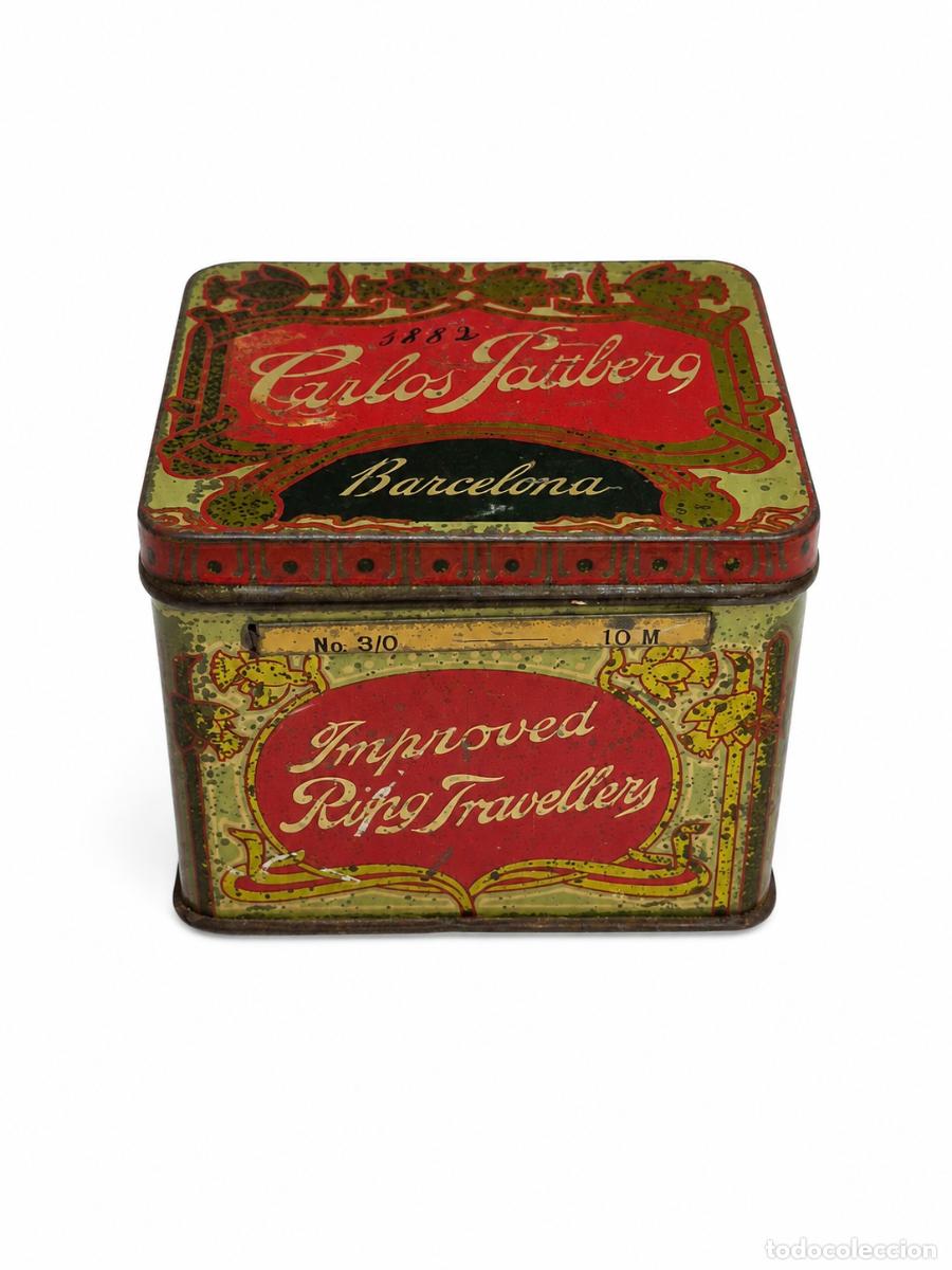 Cajas y cajitas met&aacute;licas: Antigua Caja de Hojalata Litografiada - Carlos Pattberg, Barcelona &rdquo;Improved Ring Travellers&rdquo;