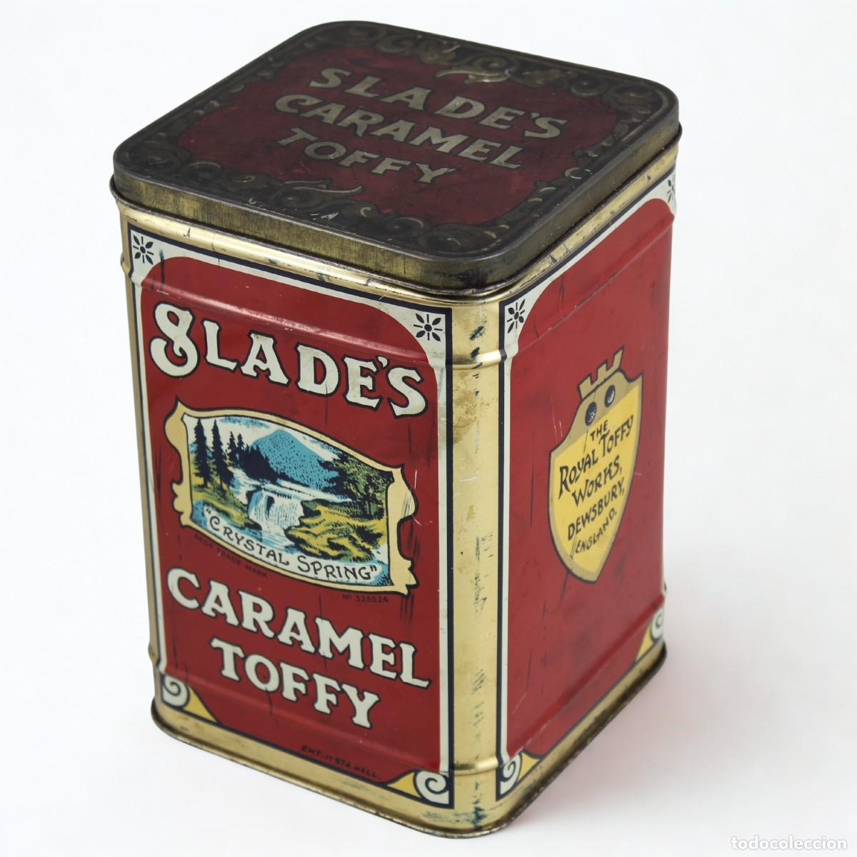 Cajas y cajitas met&aacute;licas: Caja Hojalata Publicitaria Caramelos Toffy Slade's Crystal Spring Inglaterra 20s