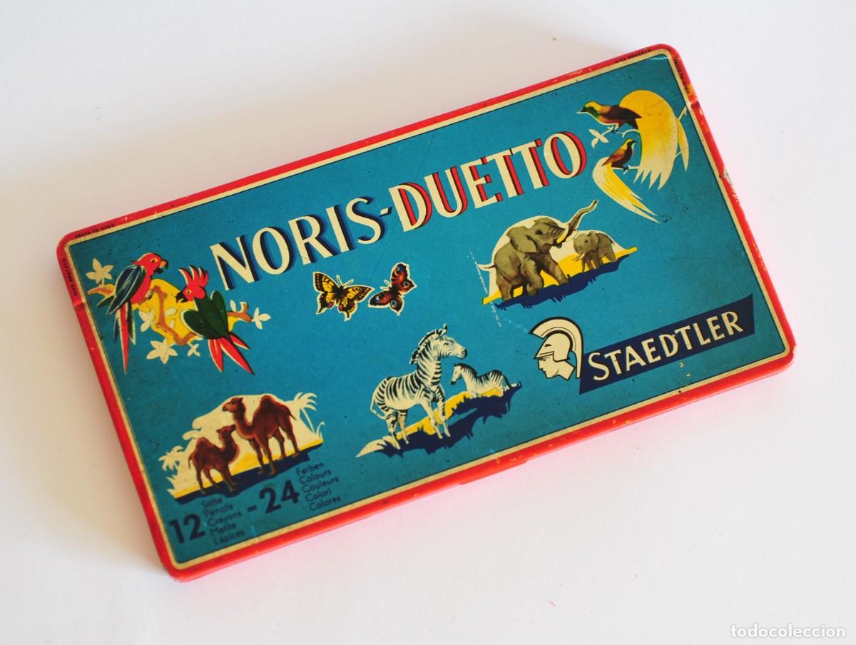 Cajas y cajitas met&aacute;licas: Caja vintage de metal litografiado Noris Duetto Staedtler, Made in Germany. Mide 18 x 9,5 cm. Vac&iacute;a.