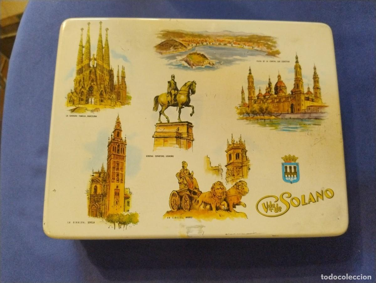 Cajas y cajitas met&aacute;licas: ANTIGUA CAJA DE HOJALATA LITOGRAFIADA VIUDA DE SOLANO. LOGRO&Ntilde;O VISTAS MADRID, BARCELONA, SEVILLA ETC