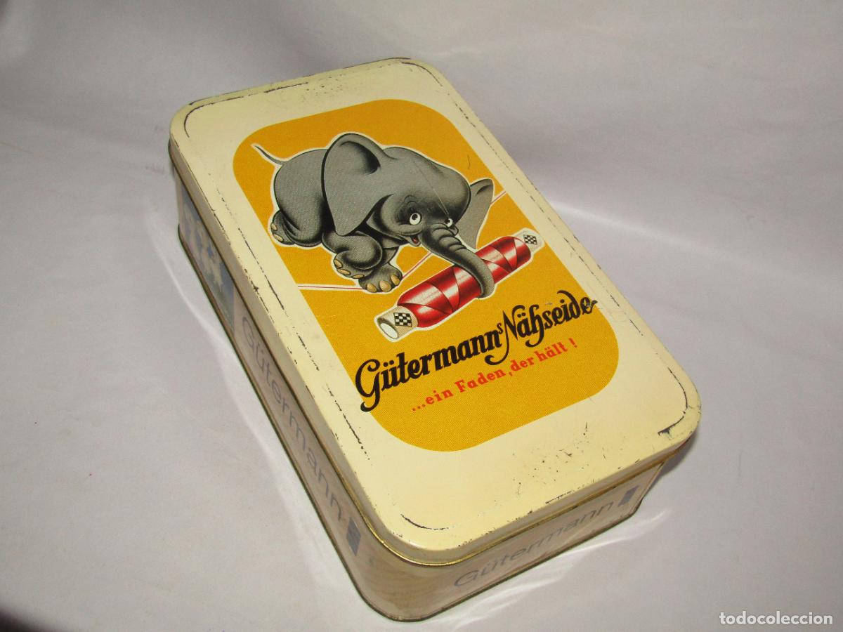 Cajas y cajitas met&aacute;licas: Antigua Caja en Hojalata Litografiada de Hilo Seda de Coser G&Uuml;TERMANN de Gran Tama&ntilde;o